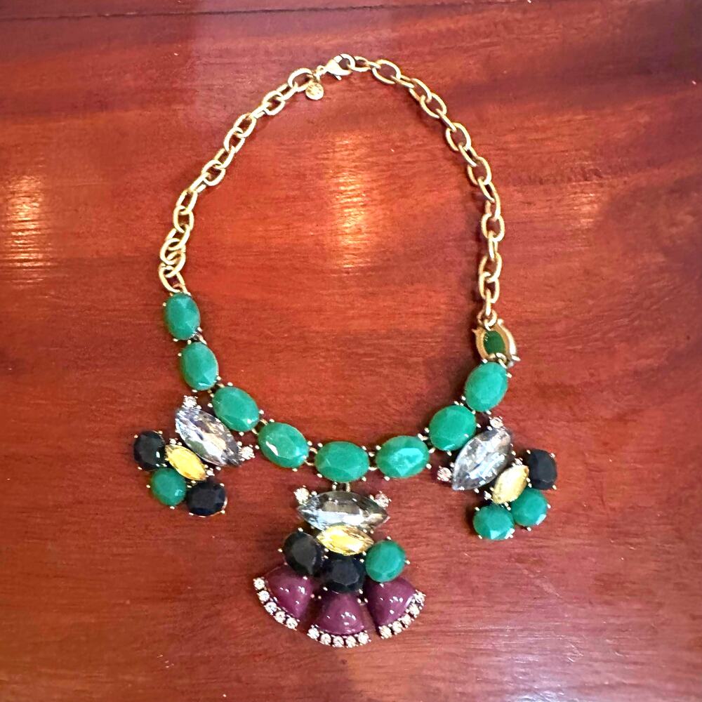 J Crew Statement Necklace Green Purple Gold 16" Long Preppy Casual Jewelry